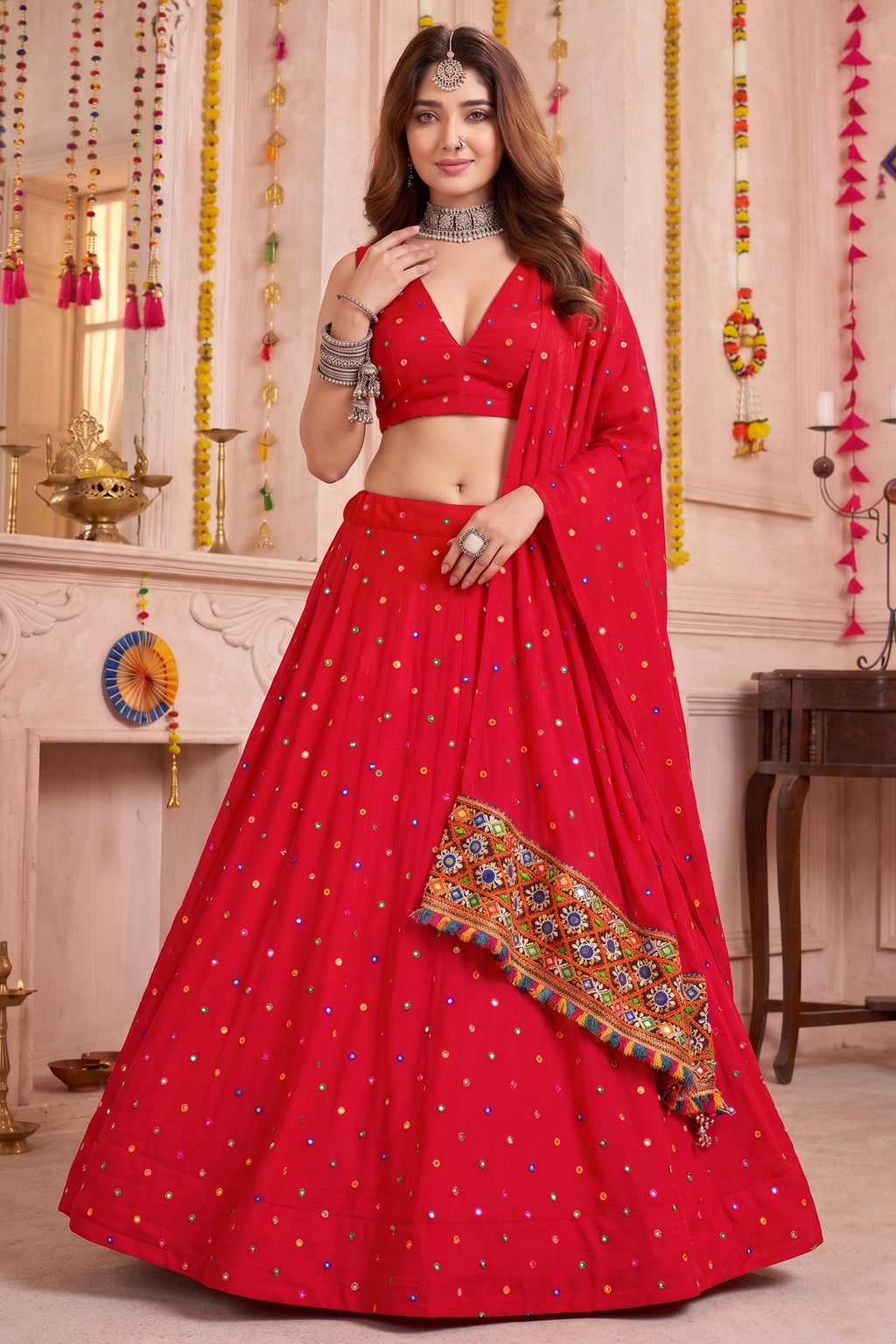 Red Rayon Chaniya Choli with Kachchi Mirror Work