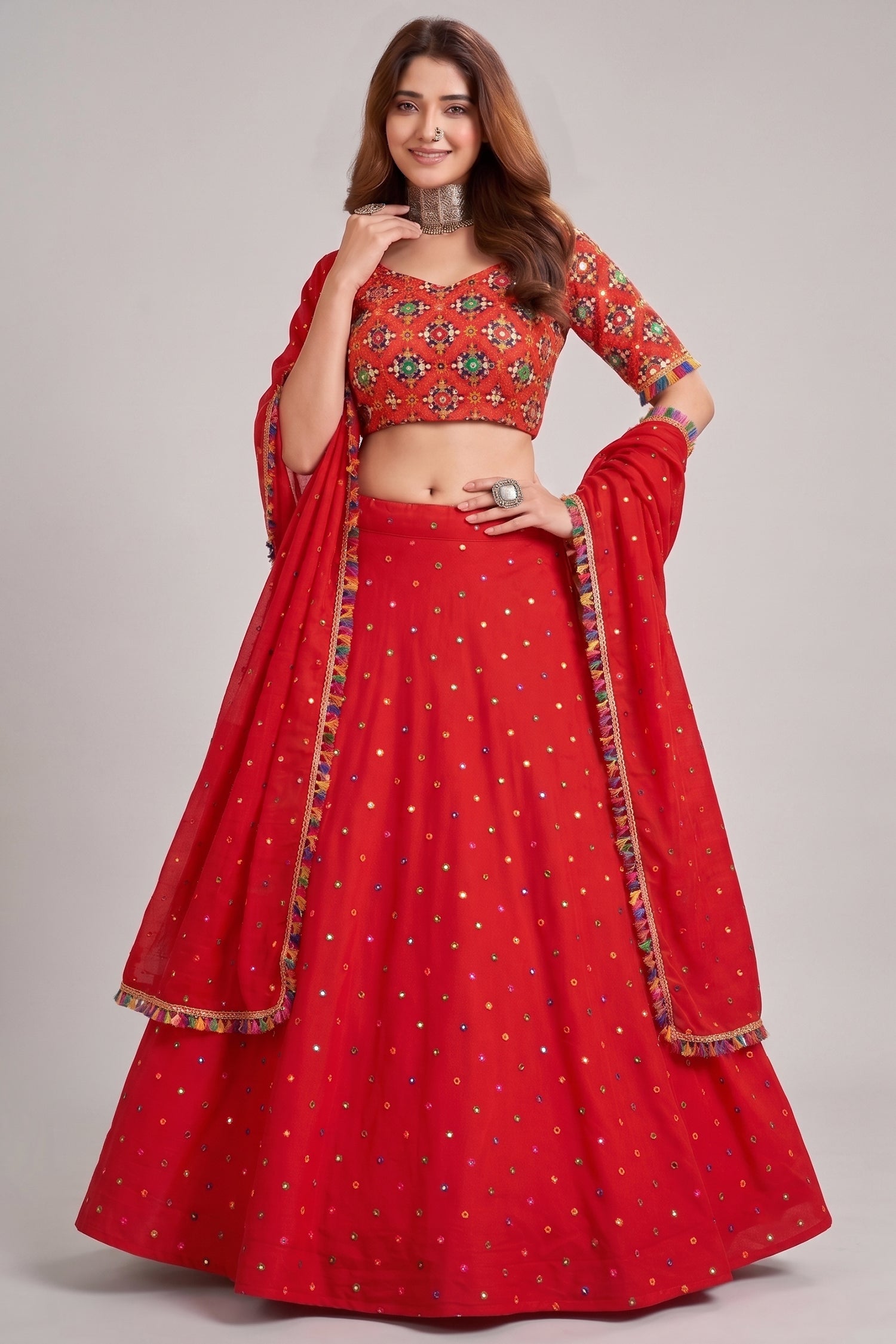 Red Rayon Chaniya Choli with Kachchi Mirror Work