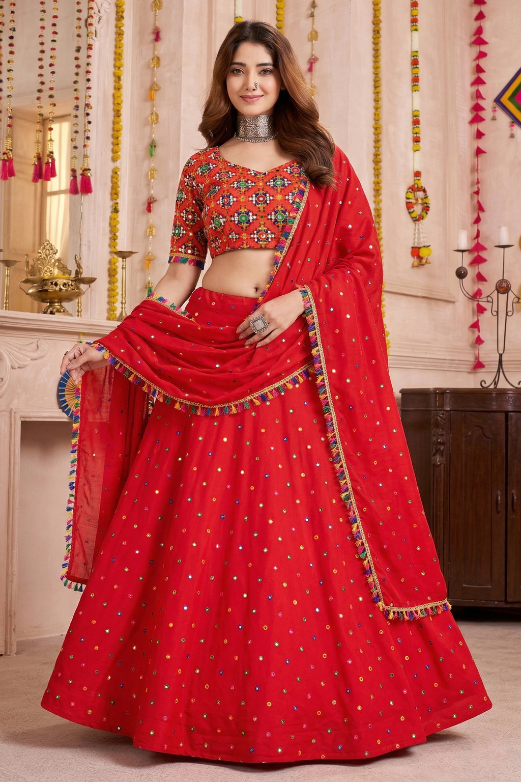 Red Rayon Chaniya Choli with Kachchi Mirror Work