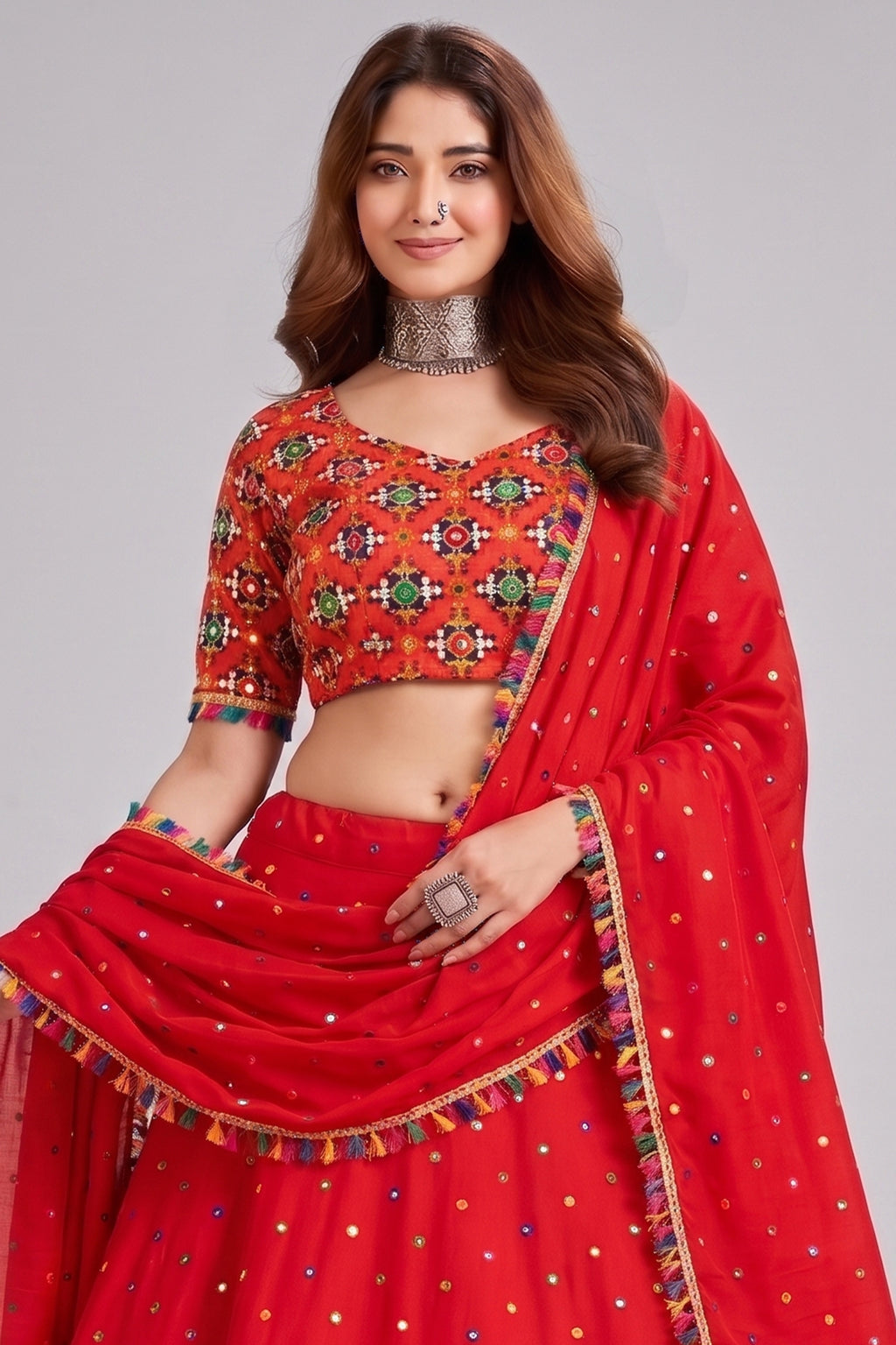 Red Rayon Chaniya Choli with Kachchi Mirror Work
