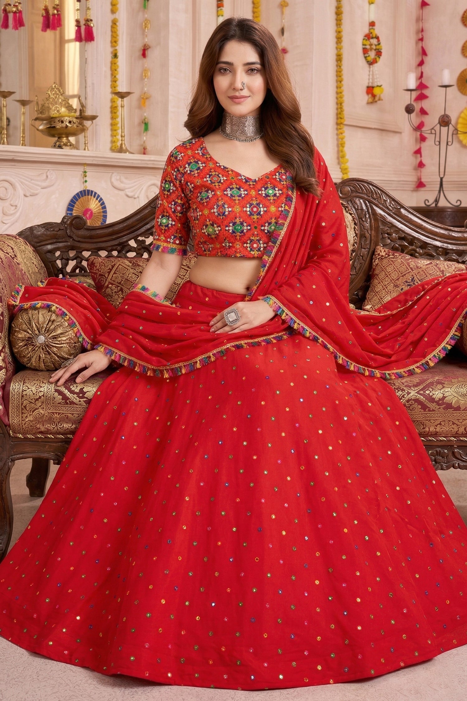 Red Rayon Chaniya Choli with Kachchi Mirror Work