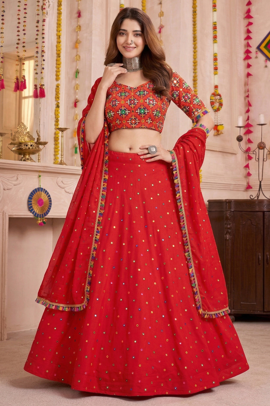 Red Rayon Chaniya Choli with Kachchi Mirror Work