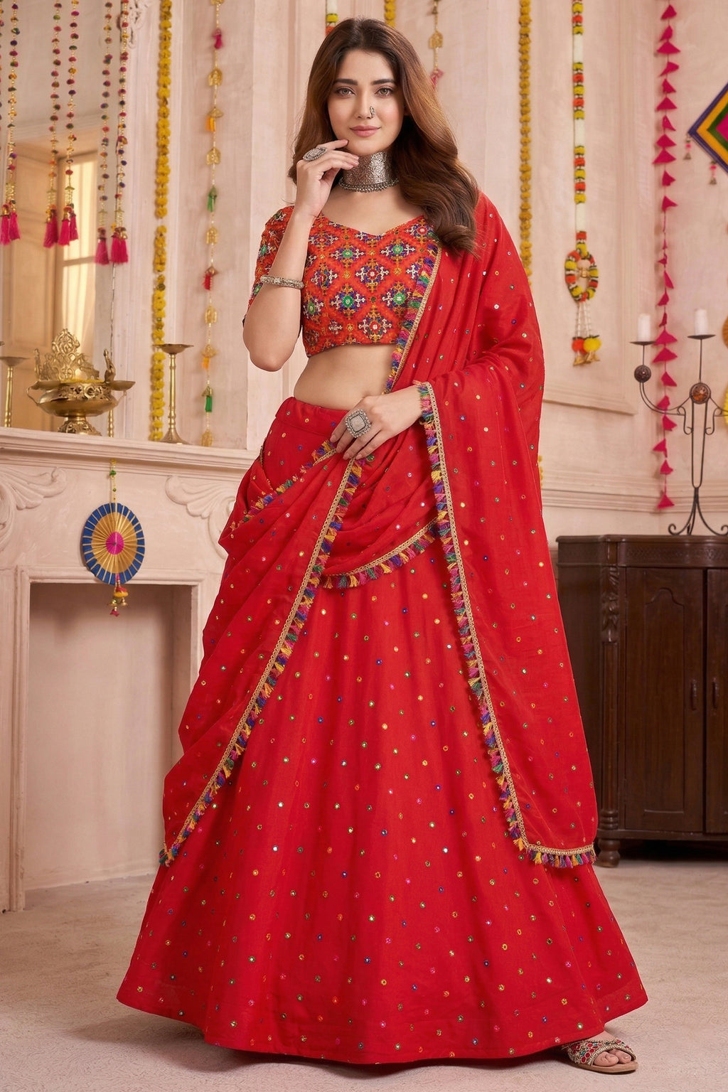 Red Rayon Chaniya Choli with Kachchi Mirror Work