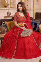 Red Rayon Chaniya Choli with Kachchi Mirror Work
