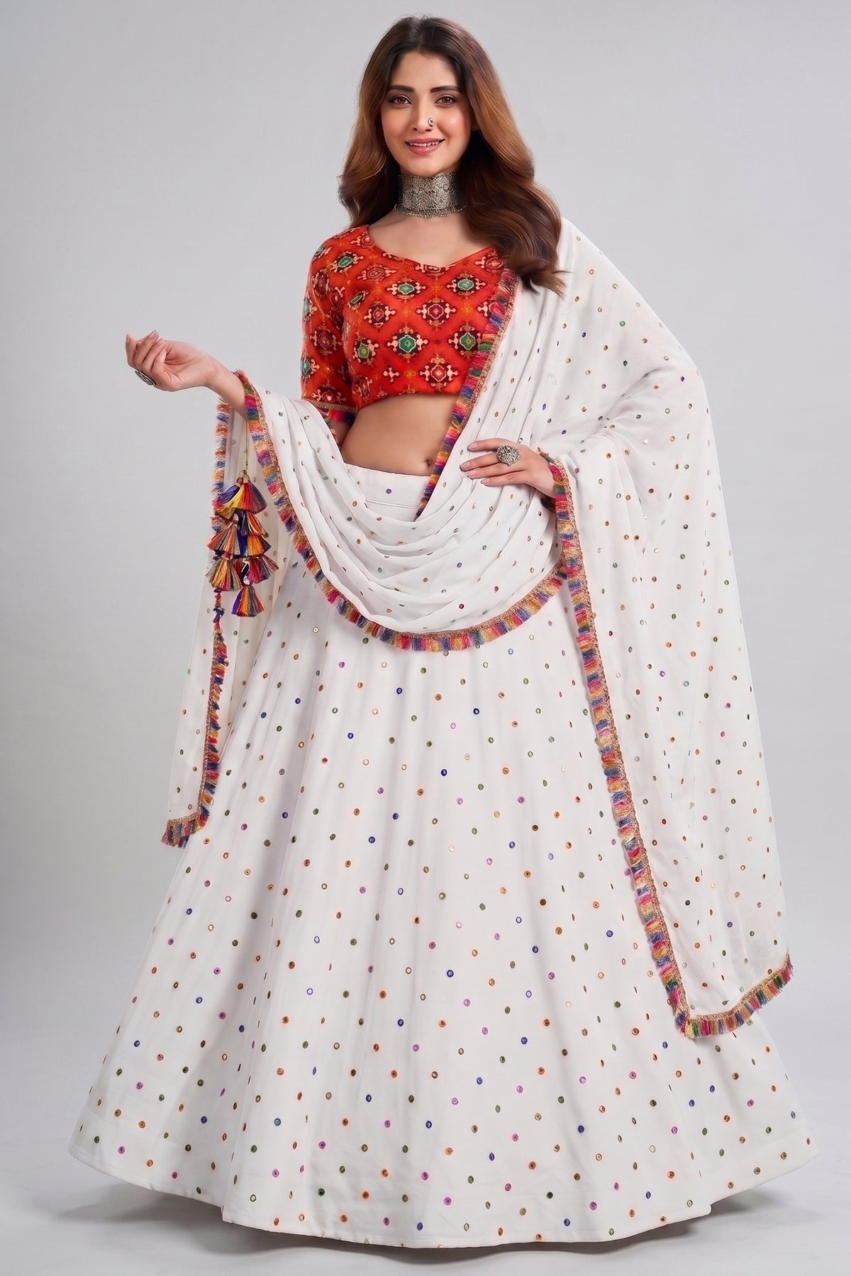 White Rayon Chaniya Choli with Kachchi Mirror Work Main image