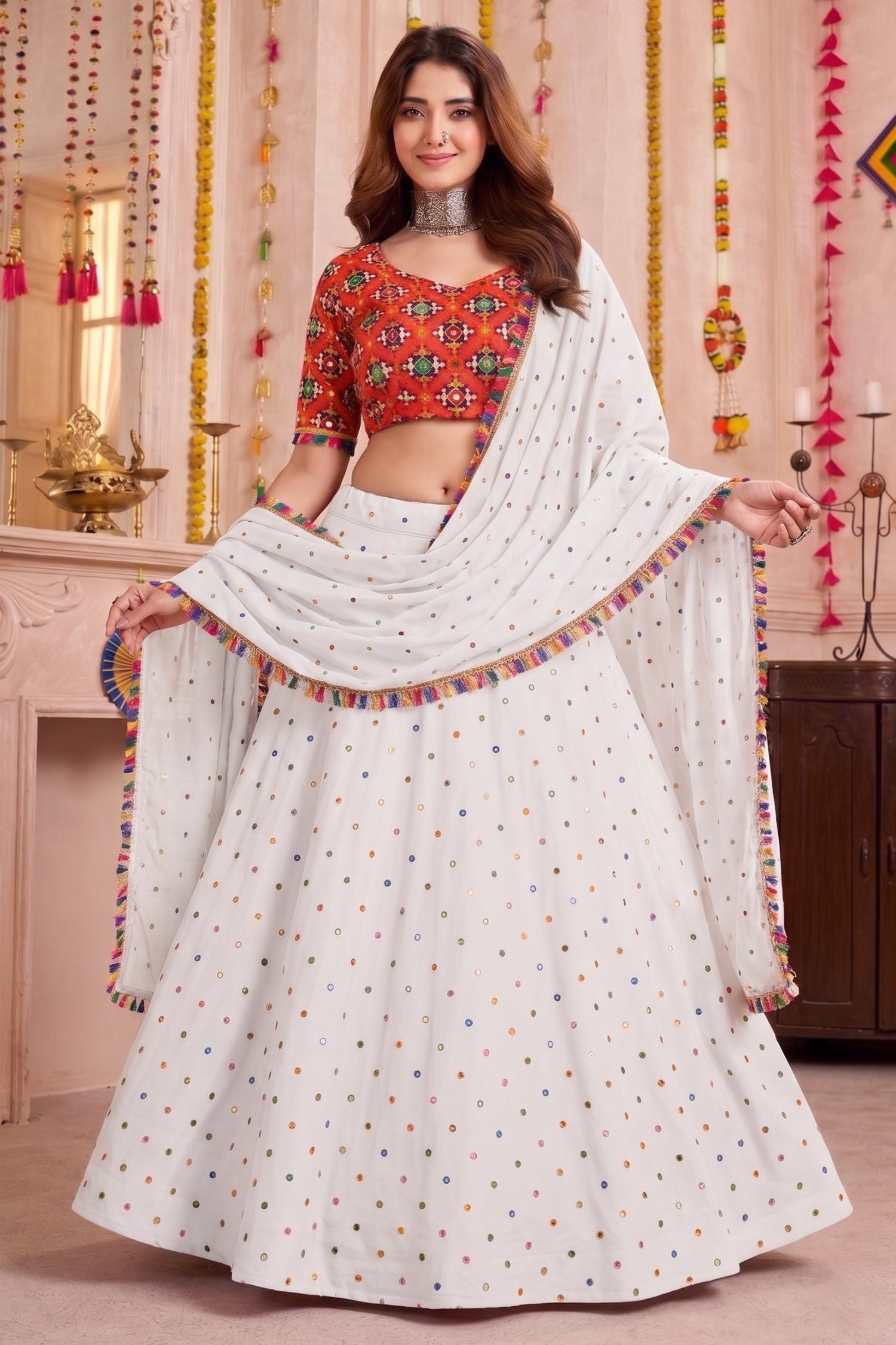 White Rayon Chaniya Choli with Kachchi Mirror Work