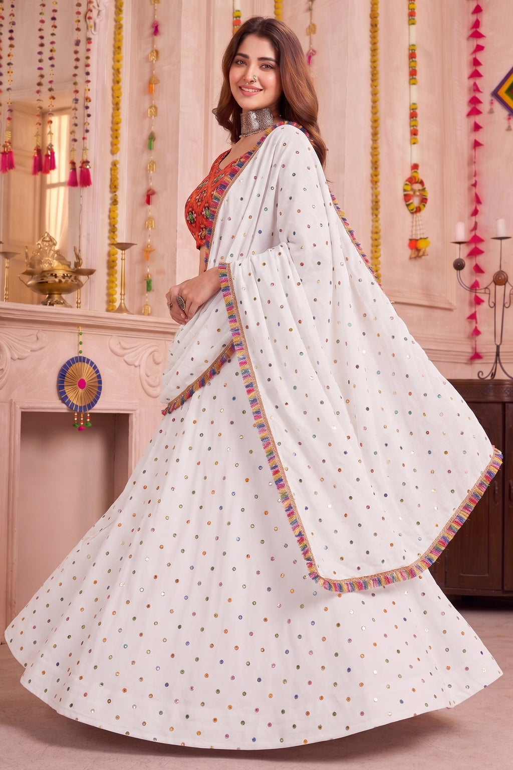 White Rayon Chaniya Choli with Kachchi Mirror Work