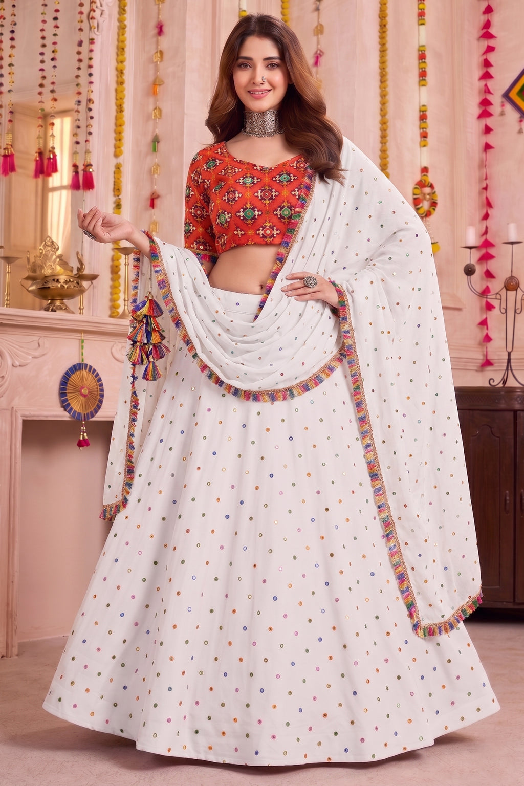 White Rayon Chaniya Choli with Kachchi Mirror Work