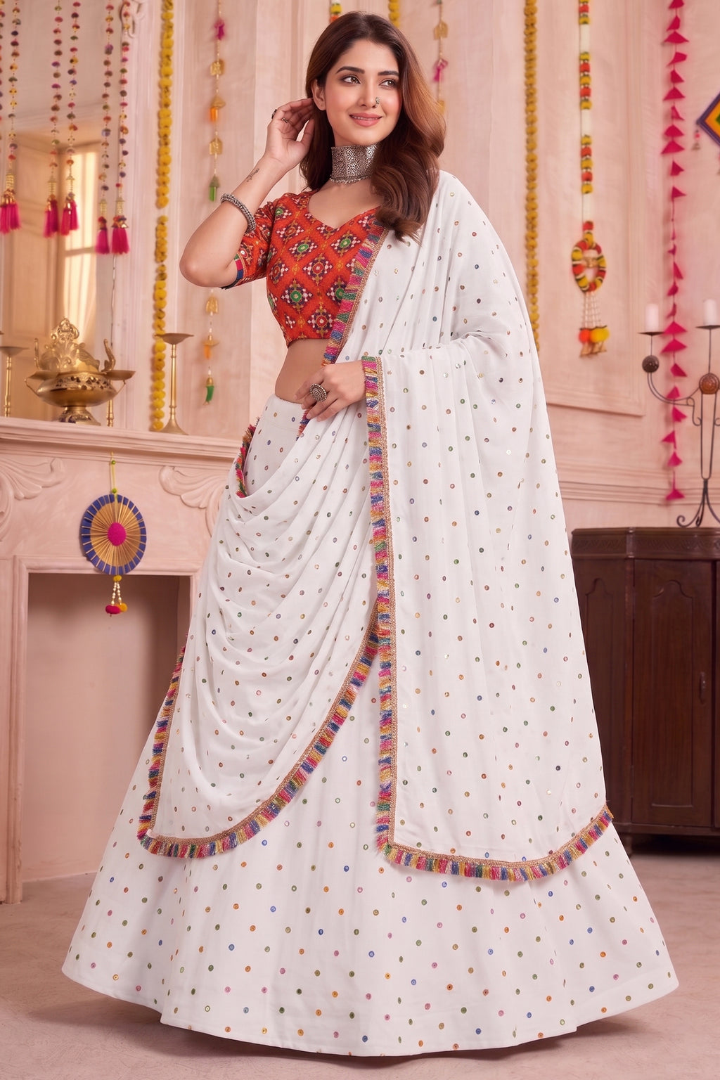 White Rayon Chaniya Choli with Kachchi Mirror Work