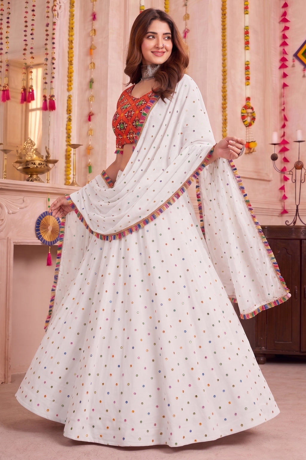 White Rayon Chaniya Choli with Kachchi Mirror Work