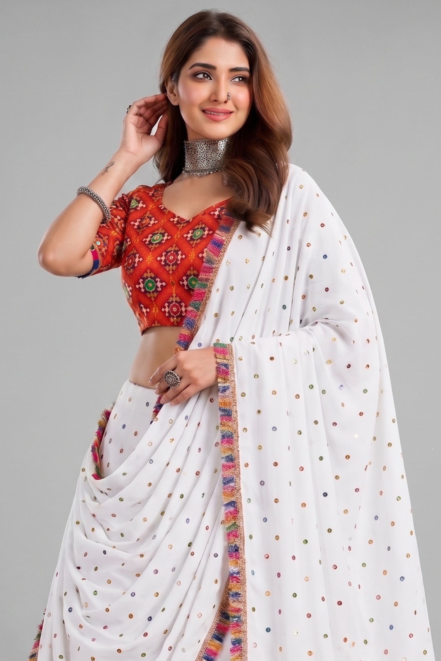 White Rayon Chaniya Choli with Kachchi Mirror Work Secondary image