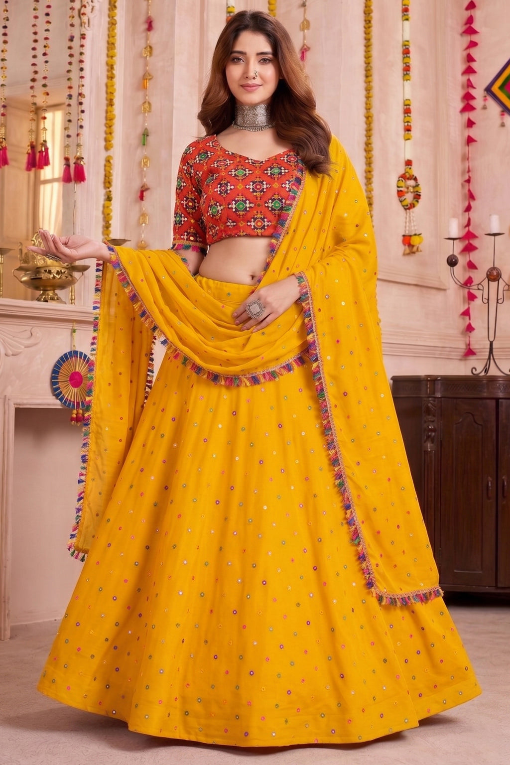 Yellow Rayon Chaniya Choli with Kachchi Mirror Work