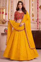 Yellow Rayon Chaniya Choli with Kachchi Mirror Work