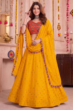 Yellow Rayon Chaniya Choli with Kachchi Mirror Work