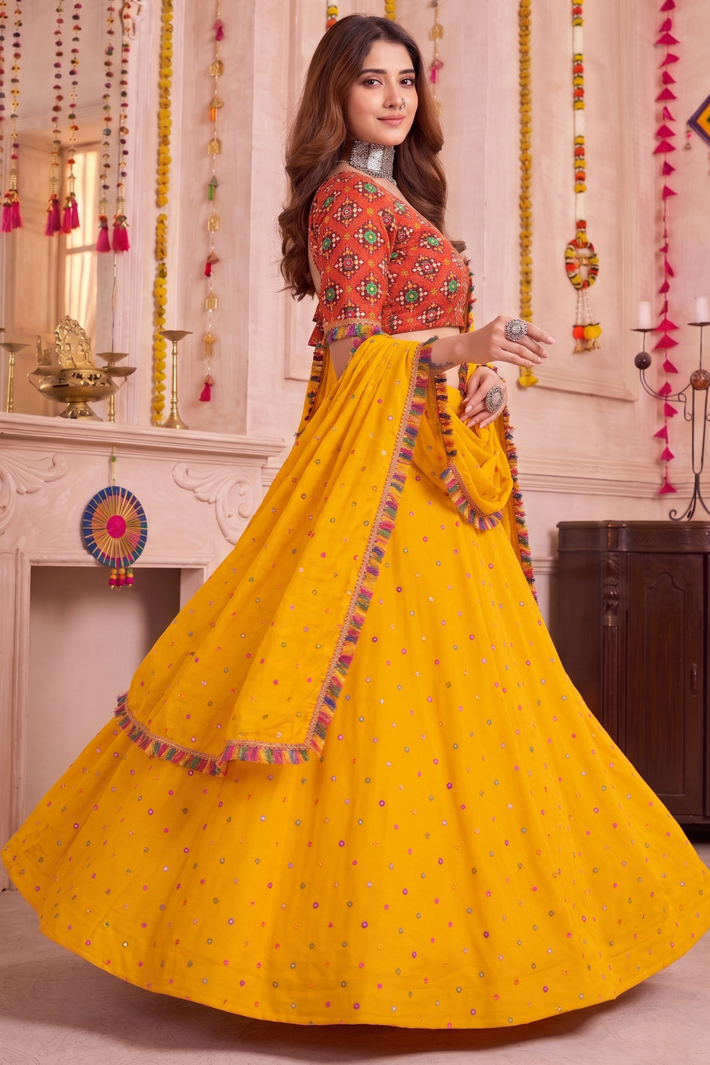 Yellow Rayon Chaniya Choli with Kachchi Mirror Work