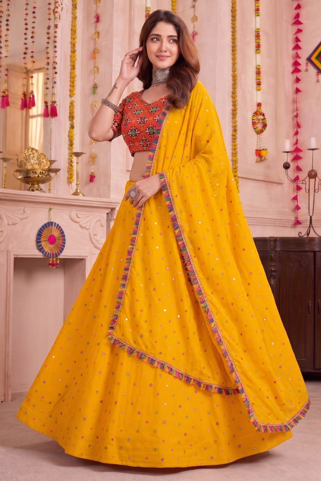Yellow Rayon Chaniya Choli with Kachchi Mirror Work