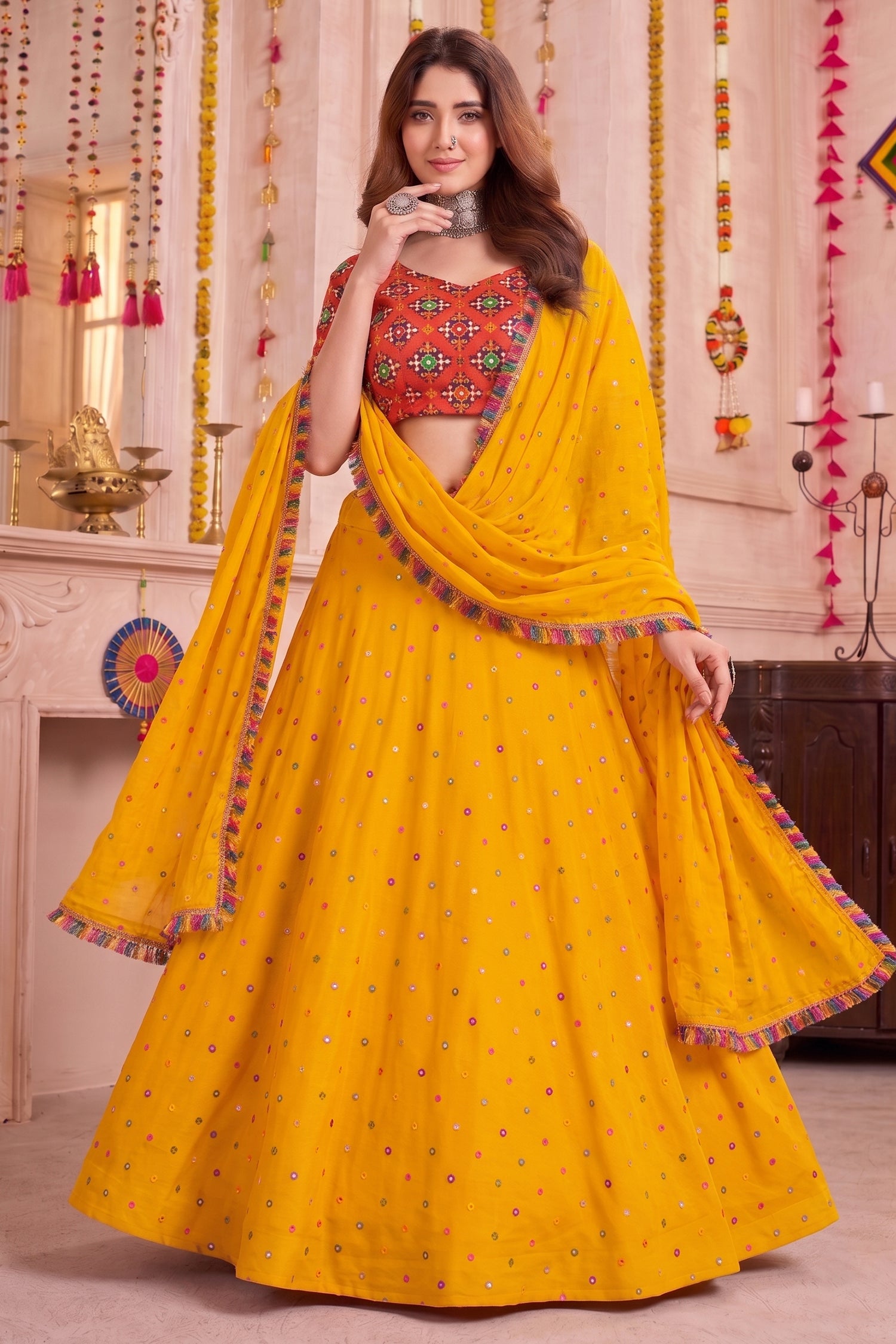 Yellow Rayon Chaniya Choli with Kachchi Mirror Work