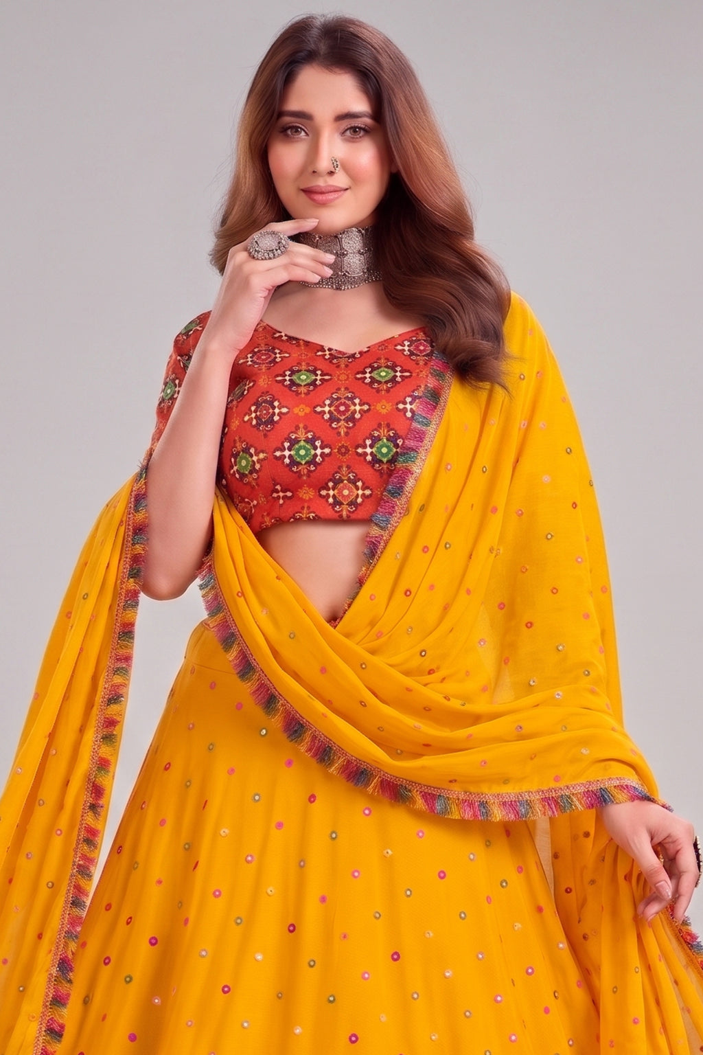 Yellow Rayon Chaniya Choli with Kachchi Mirror Work