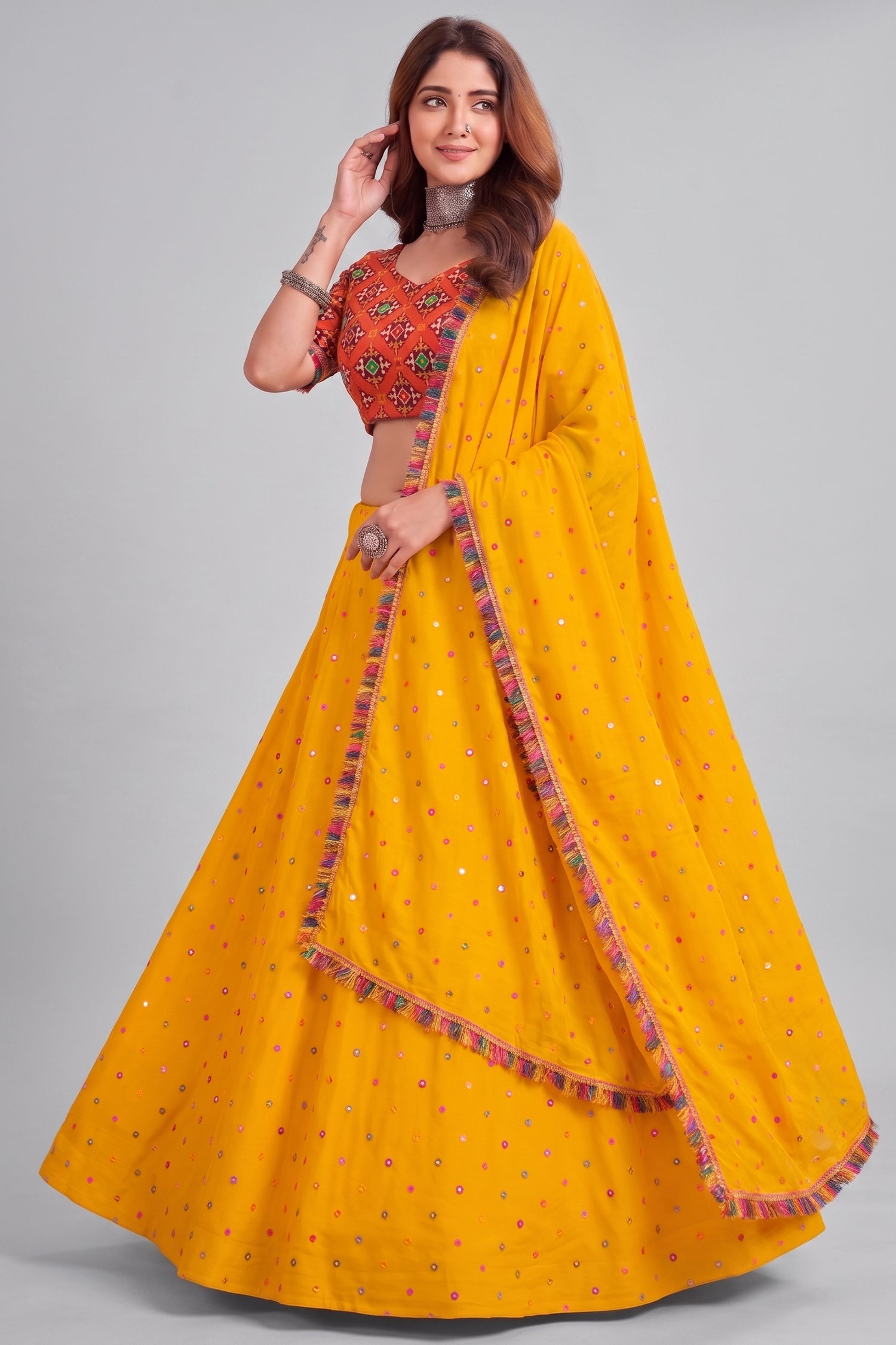 Yellow Rayon Chaniya Choli with Kachchi Mirror Work