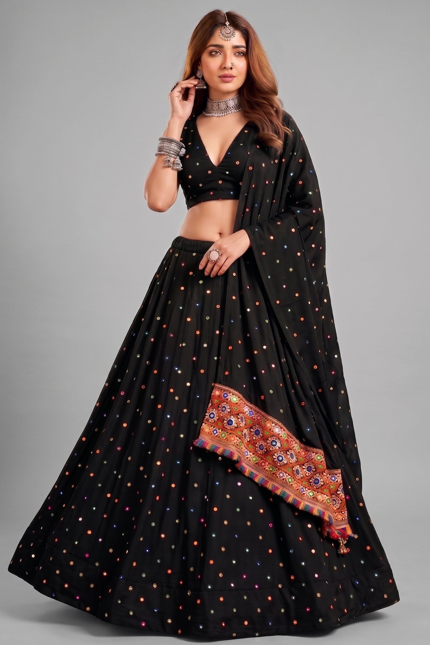 Black Rayon Chaniya Choli with Kachchi Mirror Work Main image