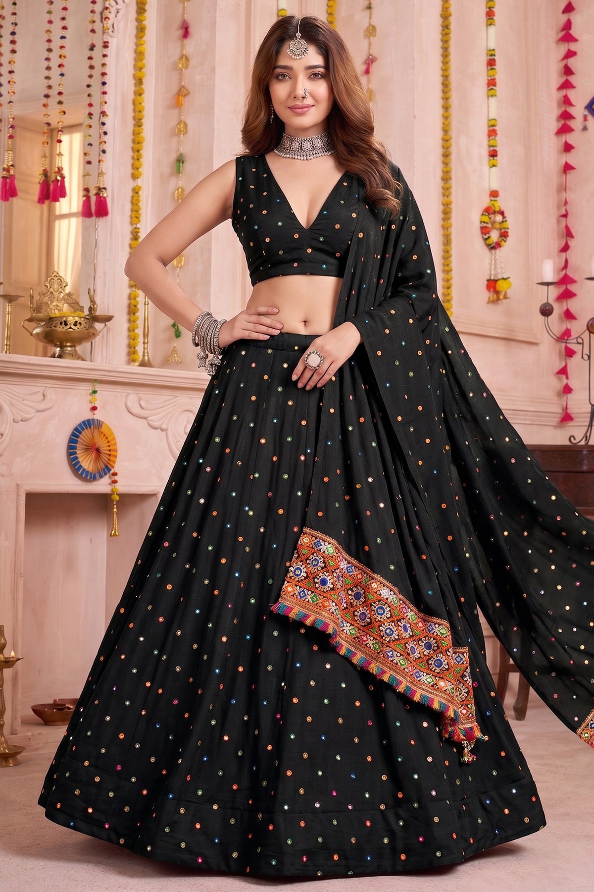 Black Rayon Chaniya Choli with Kachchi Mirror Work