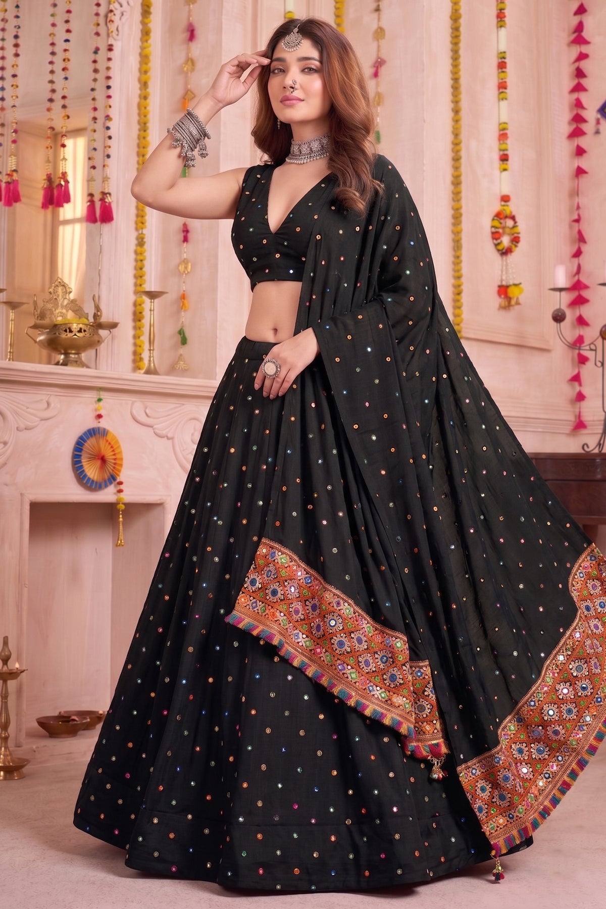 Black Rayon Chaniya Choli with Kachchi Mirror Work
