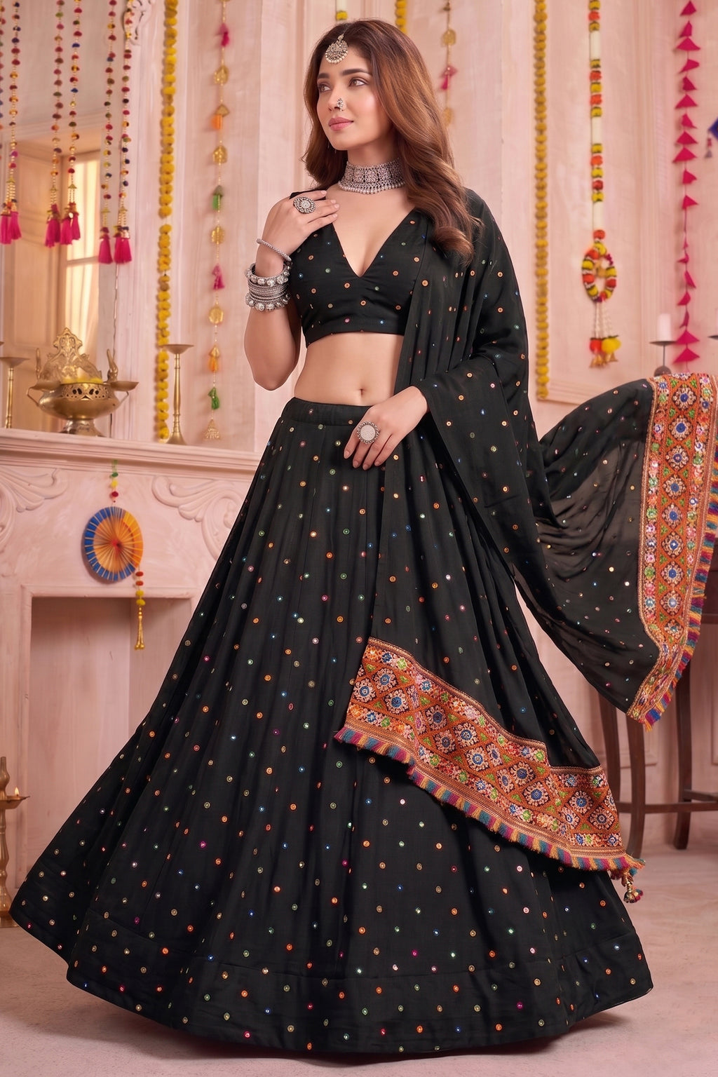 Black Rayon Chaniya Choli with Kachchi Mirror Work