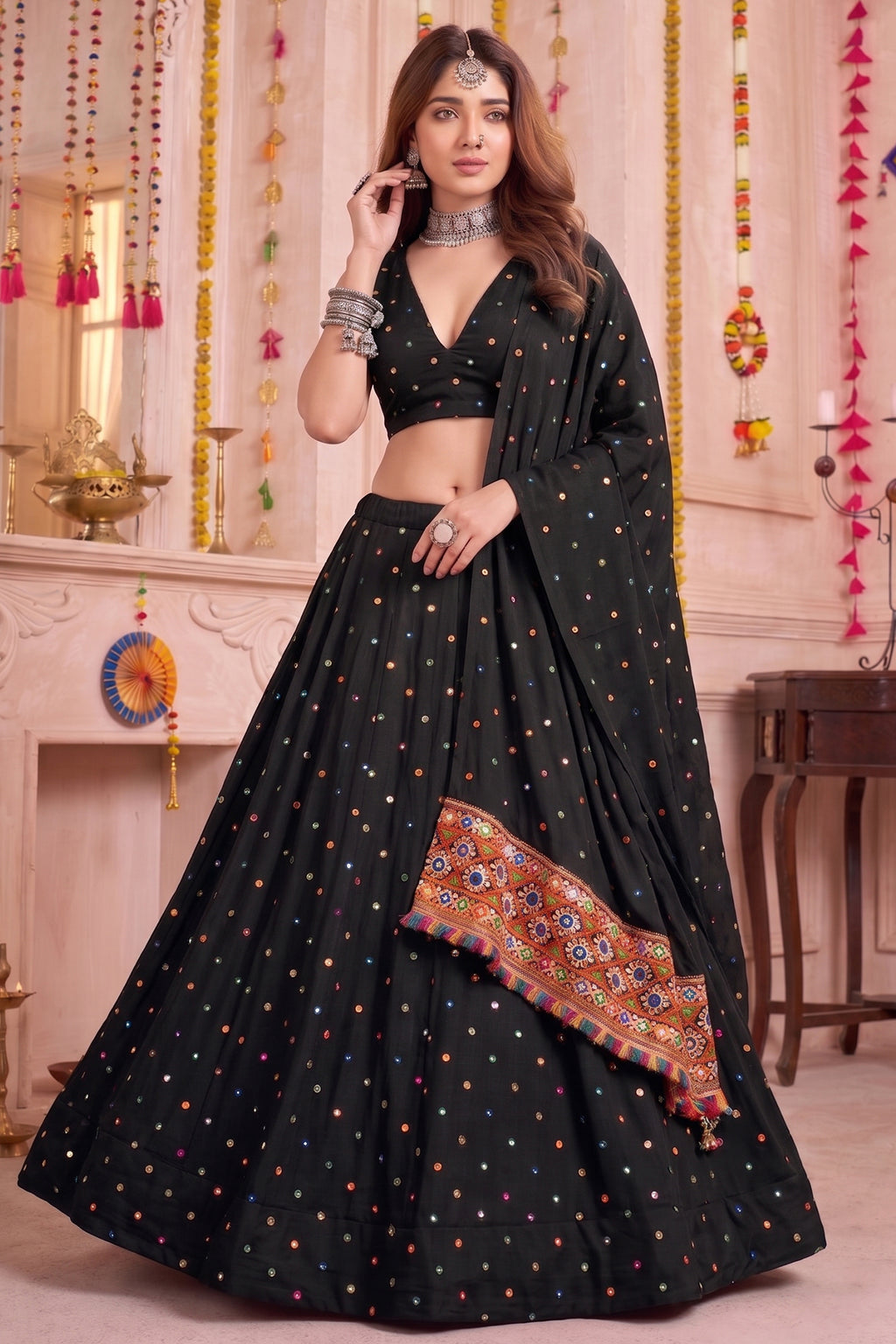 Black Rayon Chaniya Choli with Kachchi Mirror Work