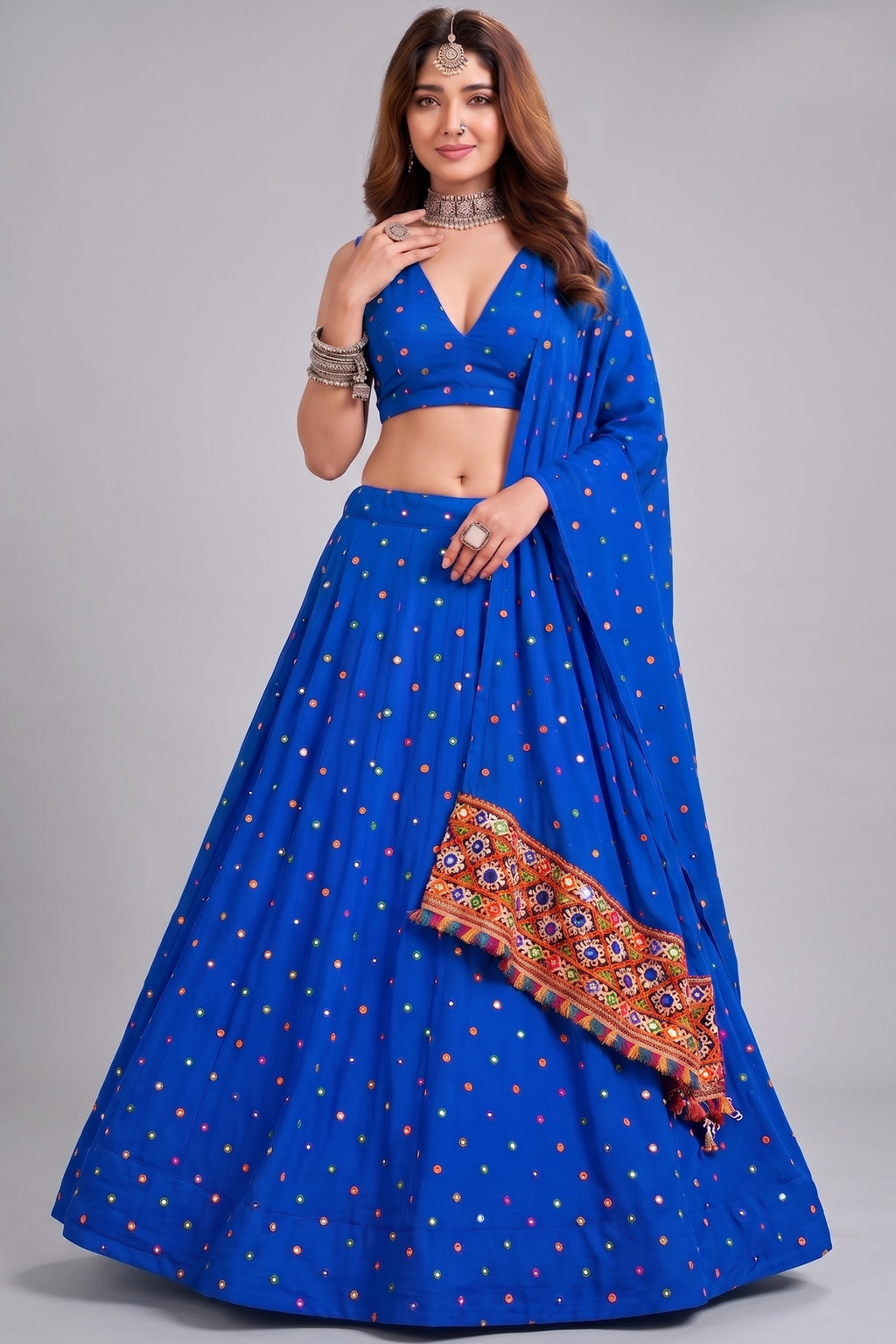 Blue Rayon Chaniya Choli with Kachchi Mirror Work