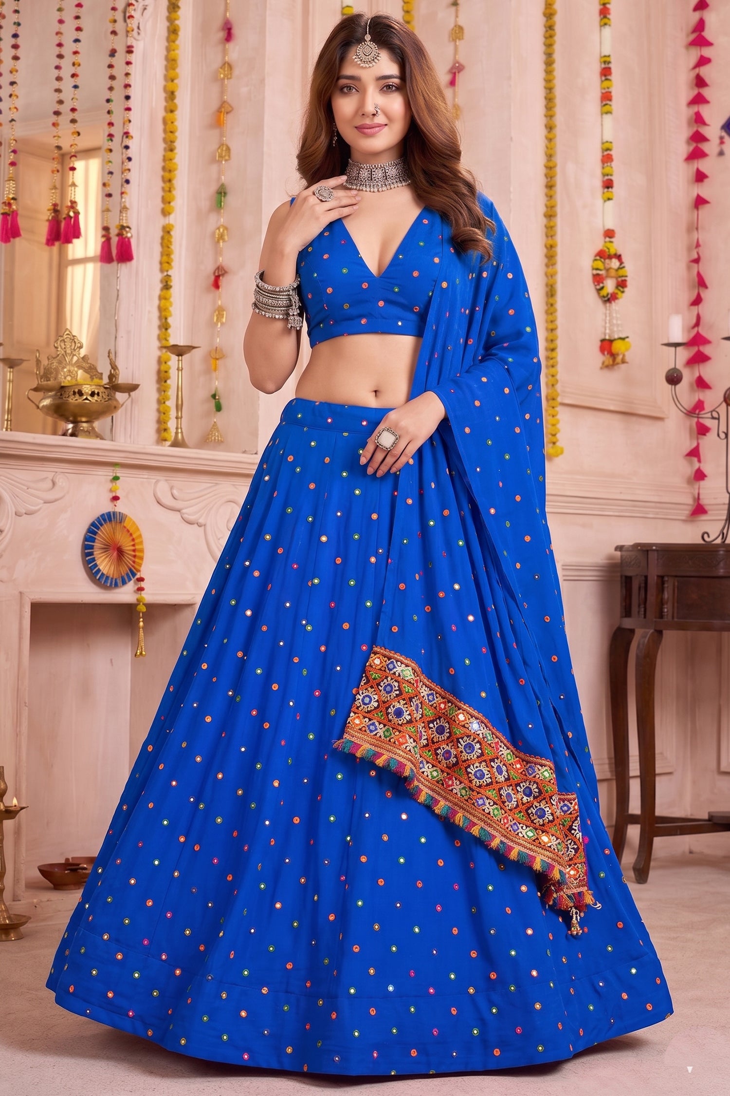 Blue Rayon Chaniya Choli with Kachchi Mirror Work