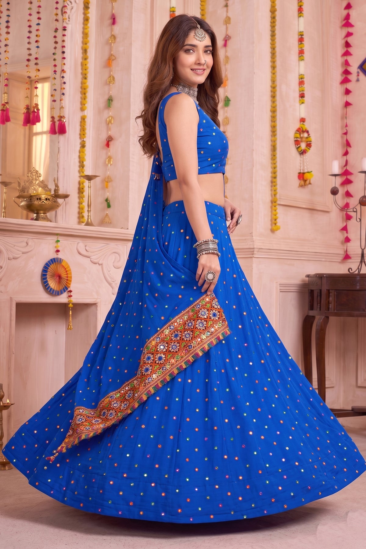 Blue Rayon Chaniya Choli with Kachchi Mirror Work