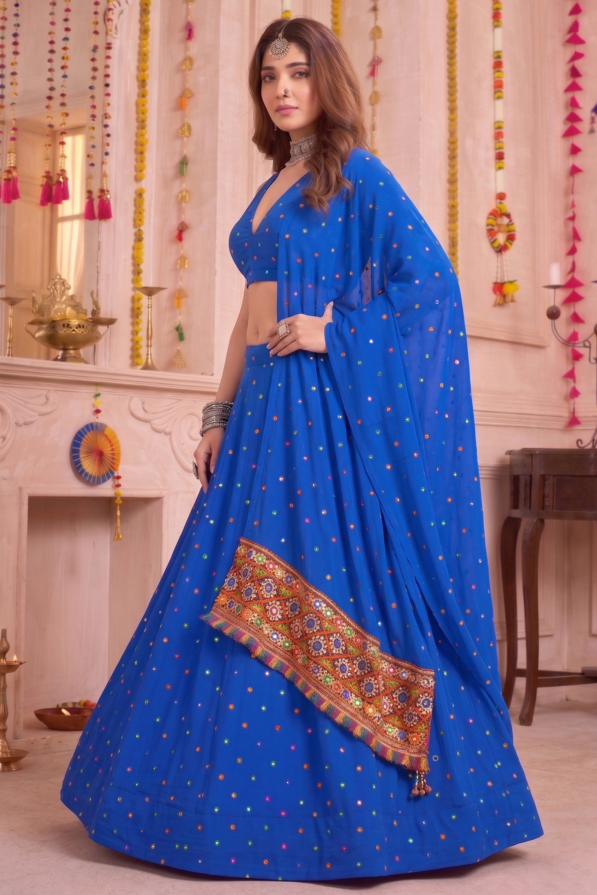 Blue Rayon Chaniya Choli with Kachchi Mirror Work