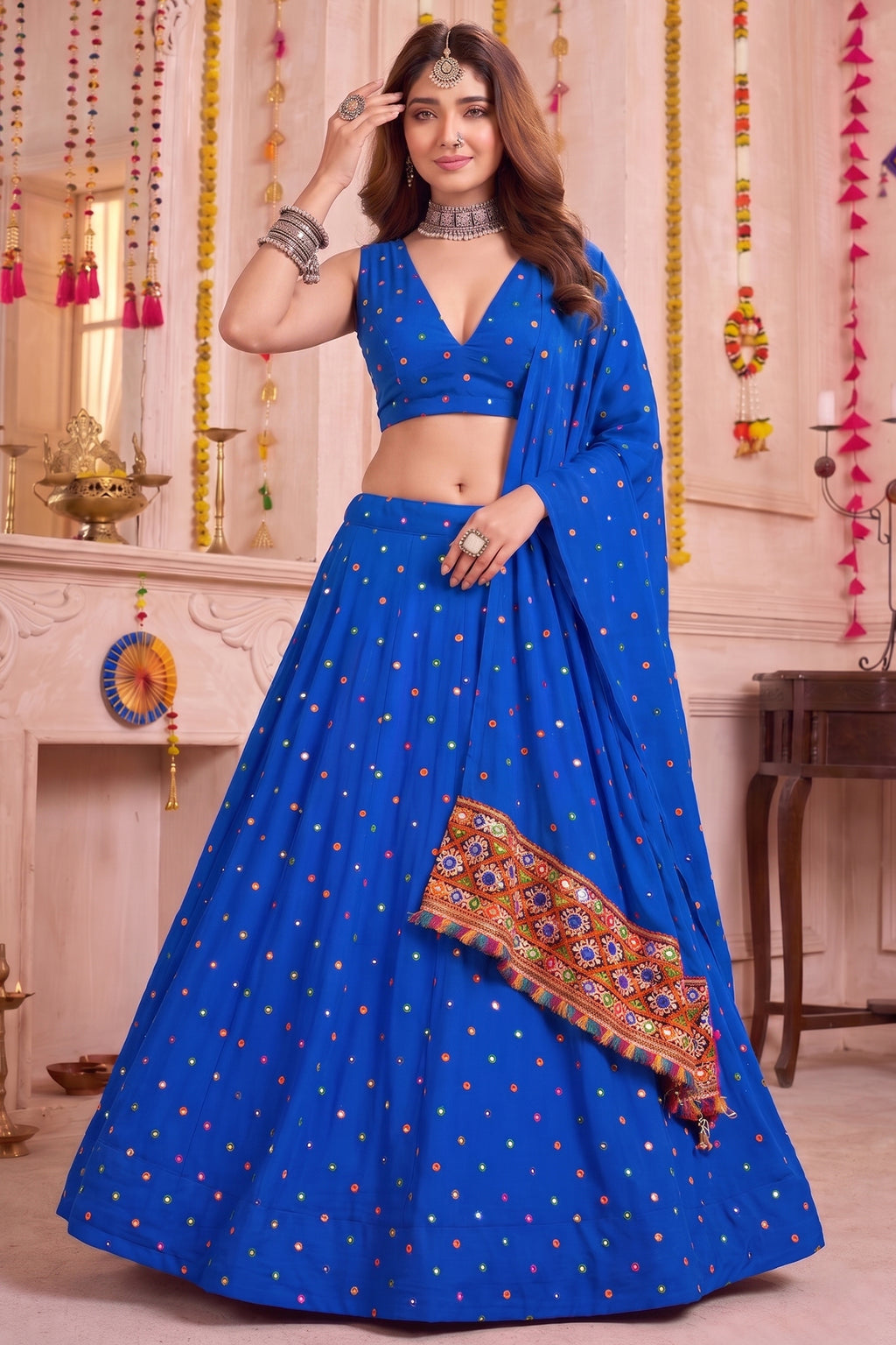 Blue Rayon Chaniya Choli with Kachchi Mirror Work