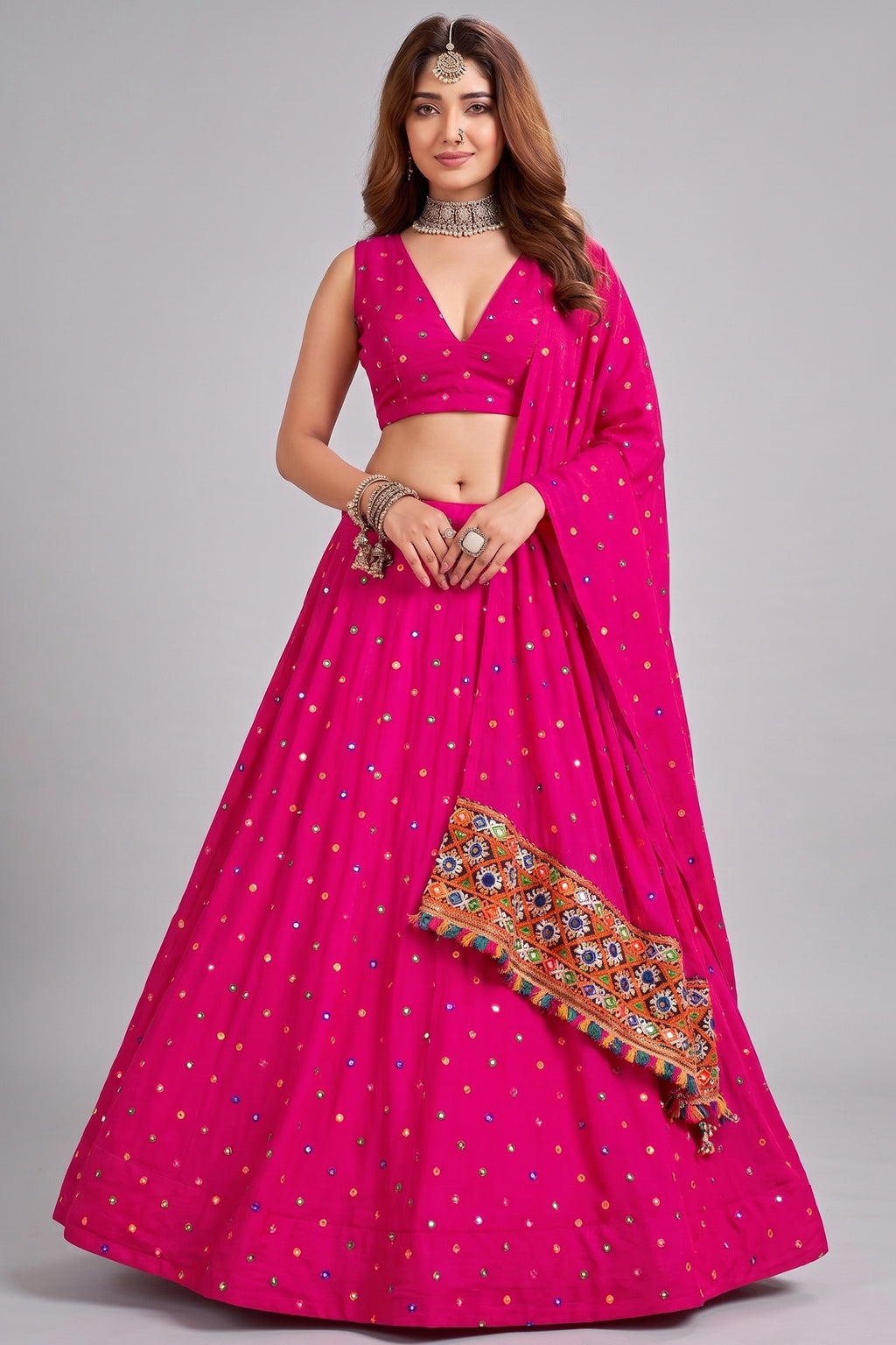 Pink Rayon Chaniya Choli with Kachchi Mirror Work