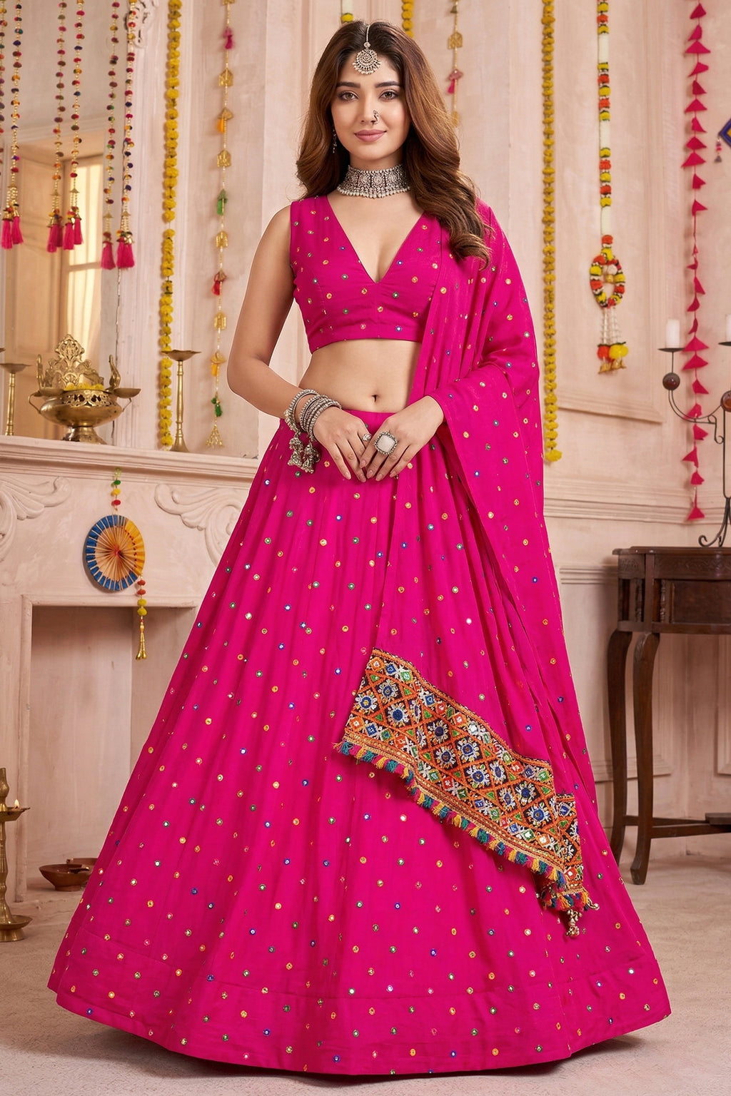 Pink Rayon Chaniya Choli with Kachchi Mirror Work