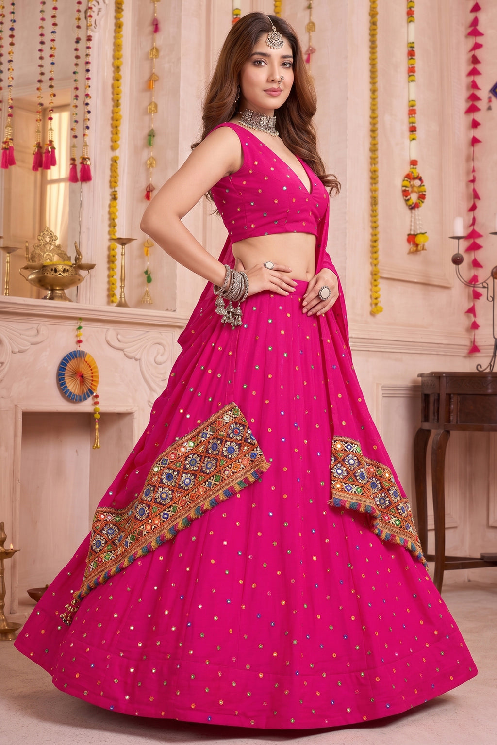 Pink Rayon Chaniya Choli with Kachchi Mirror Work