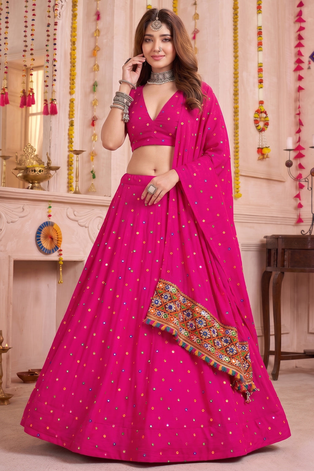Pink Rayon Chaniya Choli with Kachchi Mirror Work