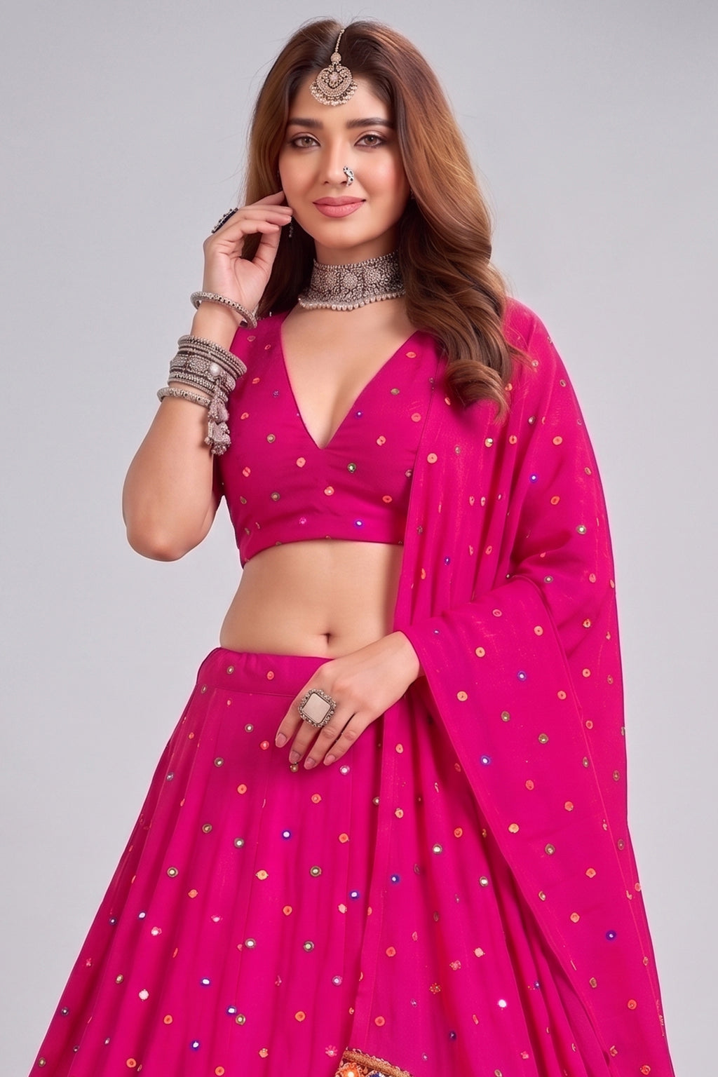Pink Rayon Chaniya Choli with Kachchi Mirror Work