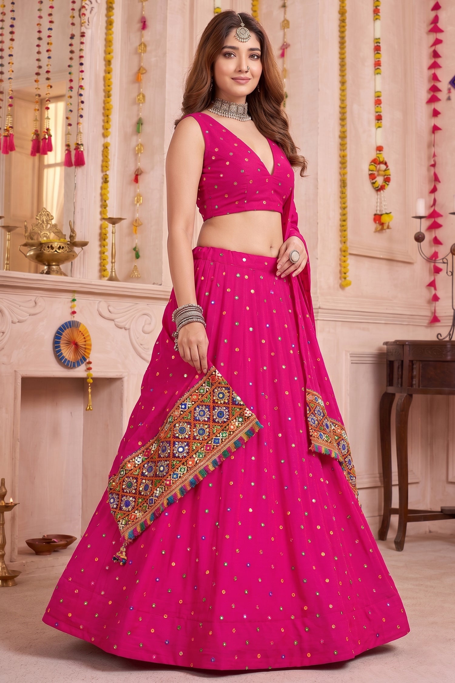 Pink Rayon Chaniya Choli with Kachchi Mirror Work