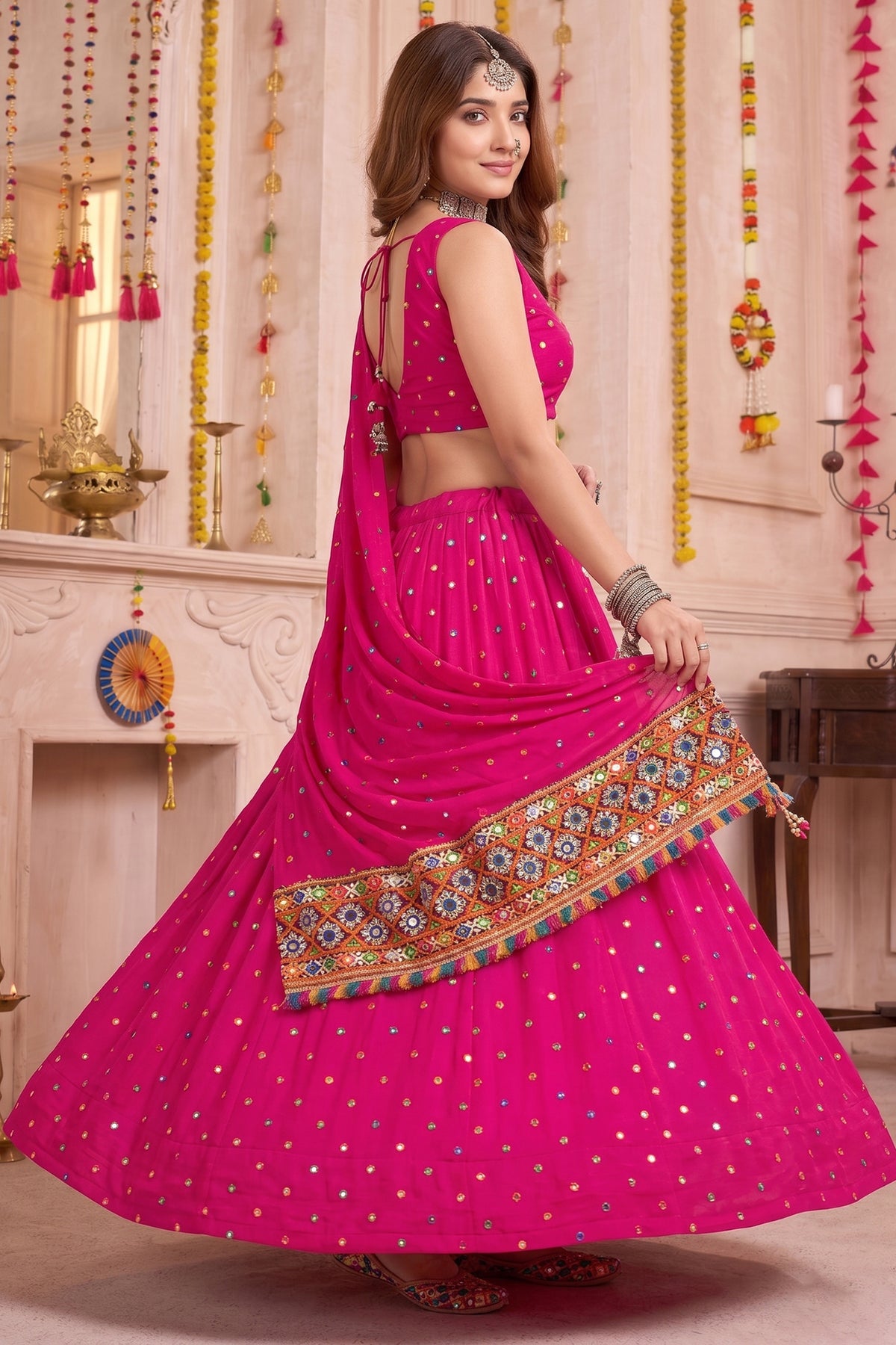 Pink Rayon Chaniya Choli with Kachchi Mirror Work
