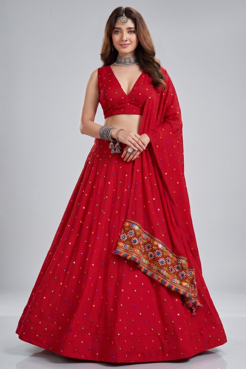 Red Rayon Chaniya Choli with Kachchi Mirror Work