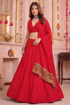 Red Rayon Chaniya Choli with Kachchi Mirror Work