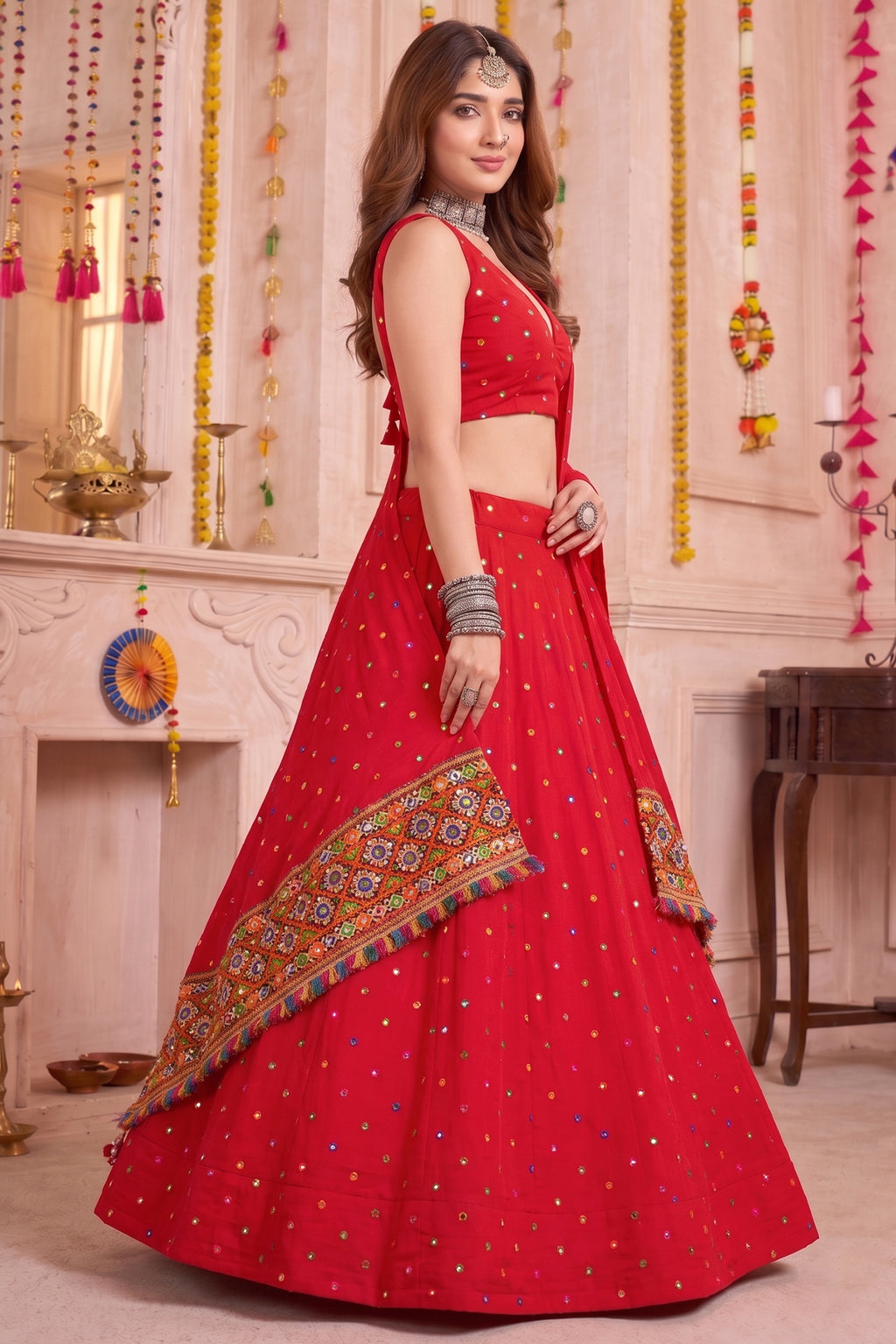 Red Rayon Chaniya Choli with Kachchi Mirror Work