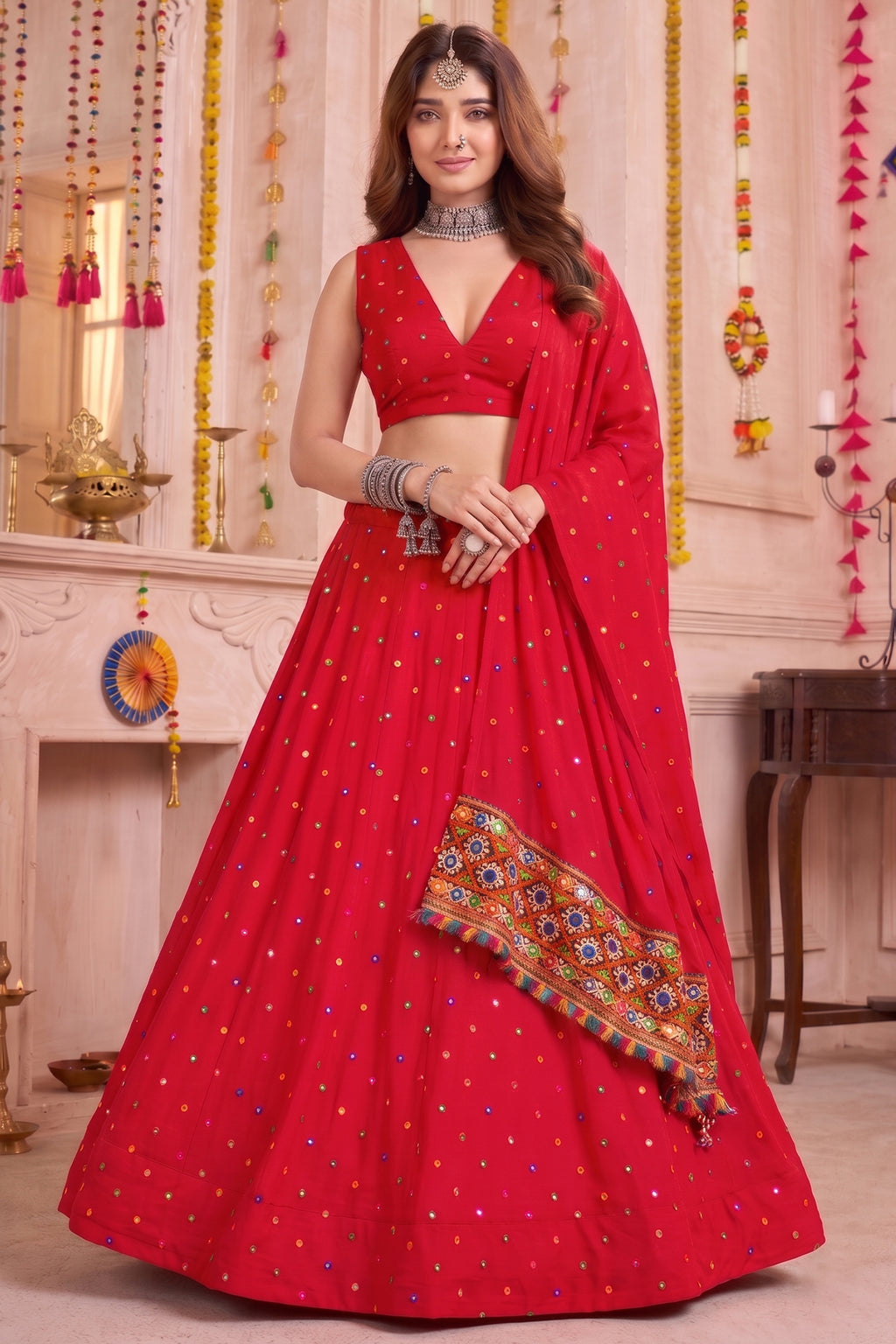 Red Rayon Chaniya Choli with Kachchi Mirror Work