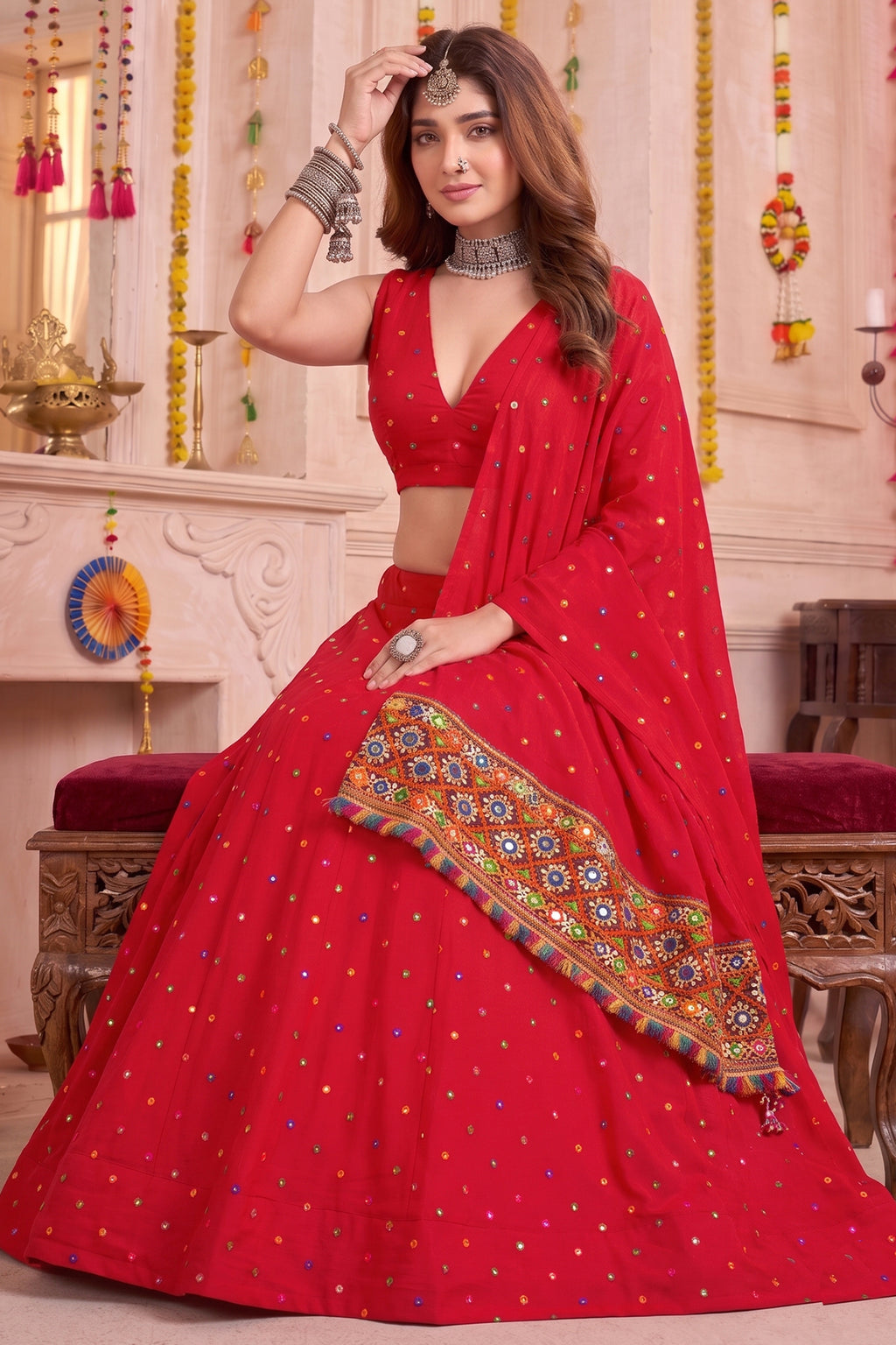 Red Rayon Chaniya Choli with Kachchi Mirror Work