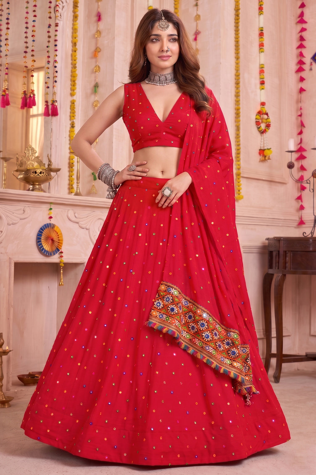 Red Rayon Chaniya Choli with Kachchi Mirror Work