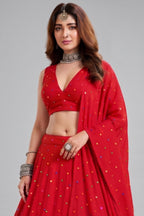 Red Rayon Chaniya Choli with Kachchi Mirror Work