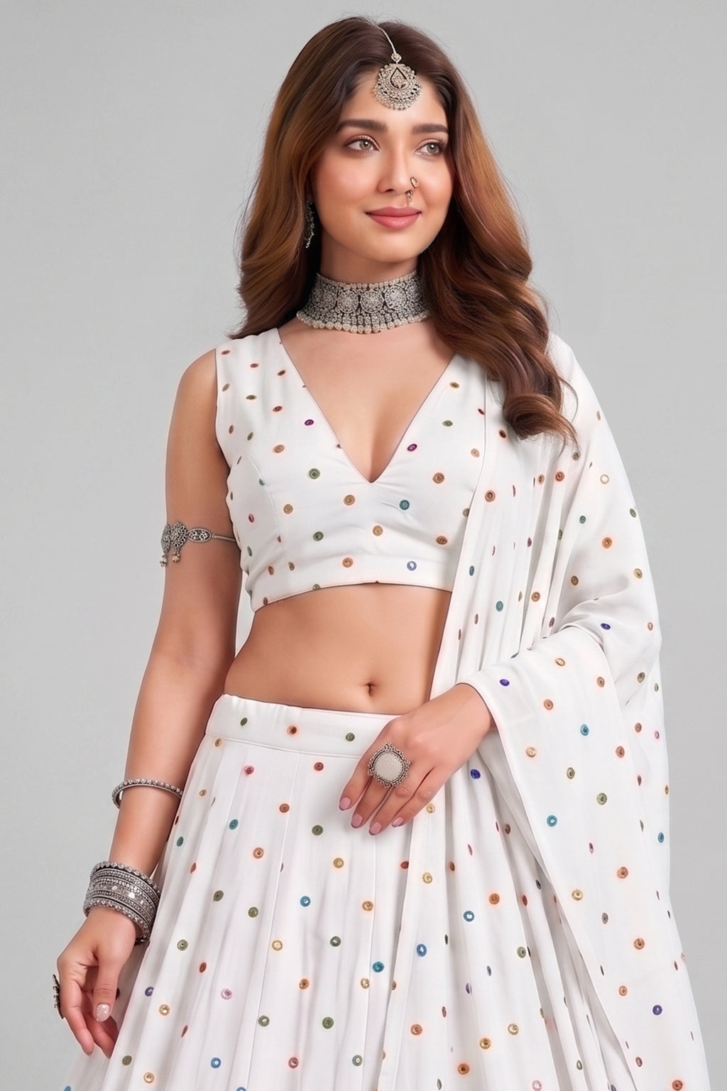 White Rayon Chaniya Choli with Kachchi Mirror Work