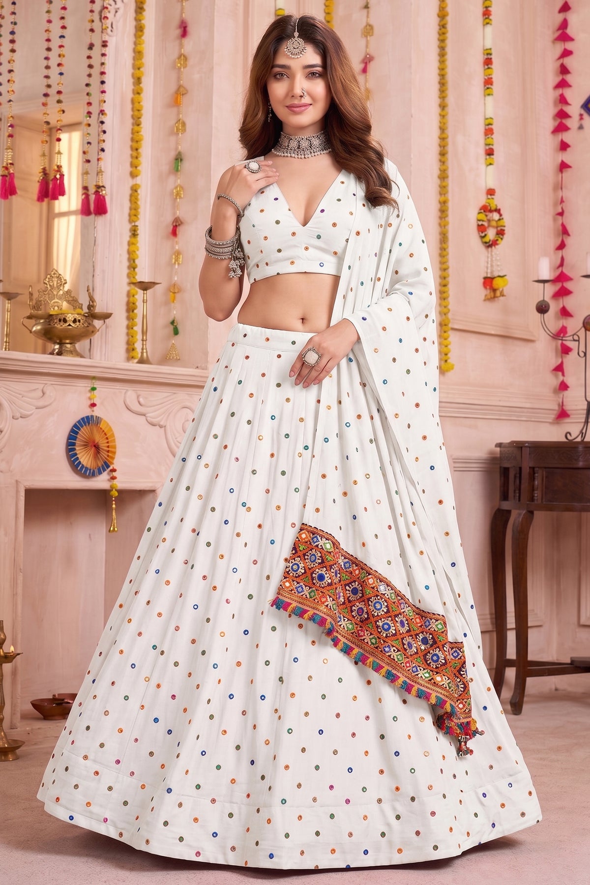 White Rayon Chaniya Choli with Kachchi Mirror Work