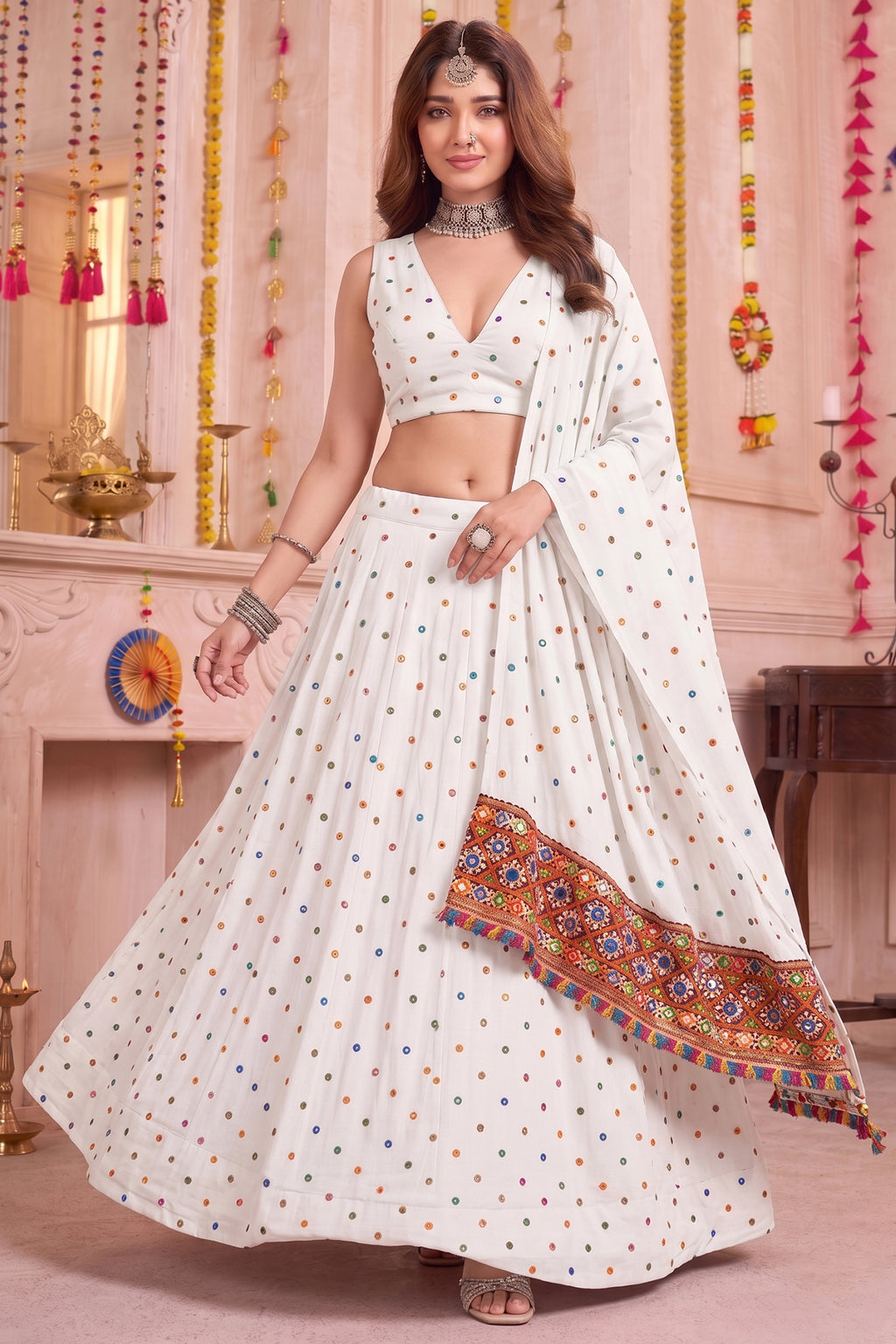 White Rayon Chaniya Choli with Kachchi Mirror Work